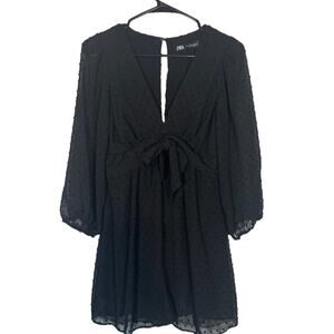 Zara Black Belted Short Romper Sheer Dotted Long Sleeves Keyhole Back Women Sm